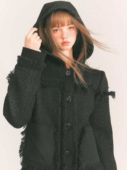 Fringe Straight Loose Hooded Wool Jacket