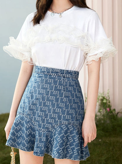 Logo Jacquard Denim Skirt