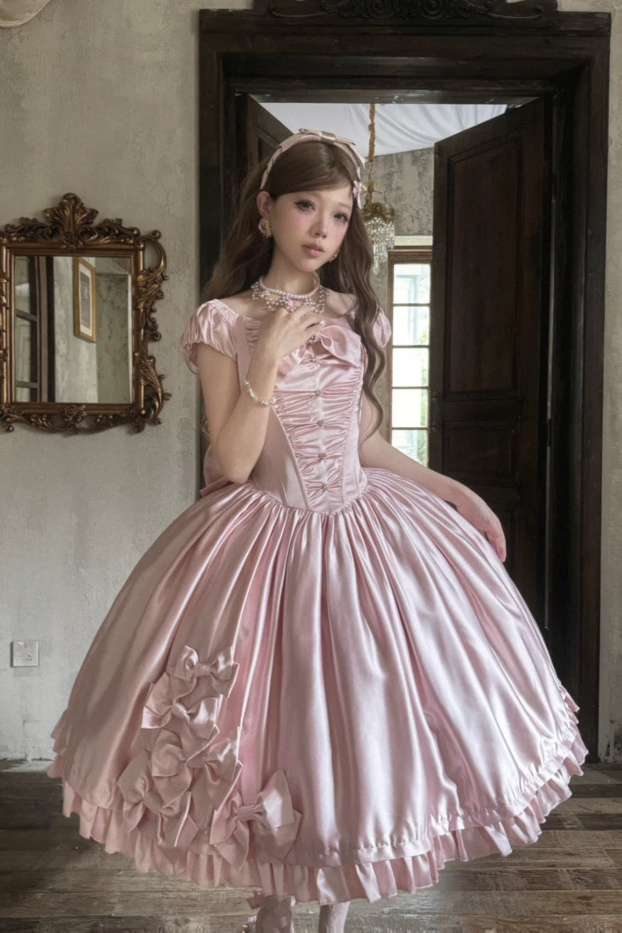 [Pre-order Deadline: August 8] Elegant Silver Satin Lolita Romantic Ribbon Dress Set