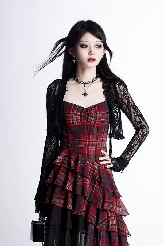 チェックハルタードレス＋シアーカーディガン