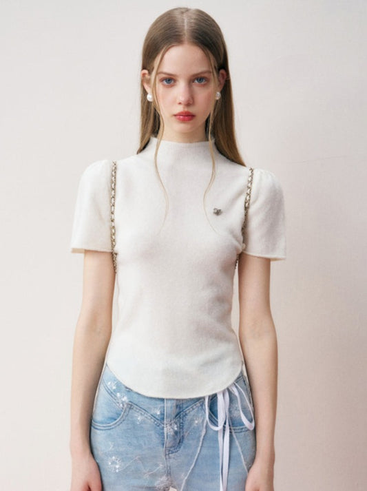 Kroche flagship store puff sleeve semi-high neck knit short sleeve women's 2024 new slim fit slim top