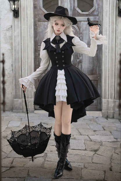 [Pre-order Deadline: October 29] Gothic Vampire Butler White Lace Flare Sleeve Shirt + Bat Collar Ruffle High-Low Lolita JSK Dress Set + Jewel Bow Tie