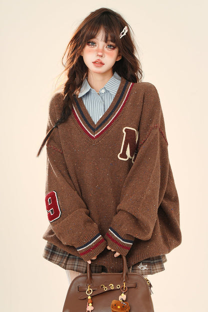 British College Neck Knit Sweater