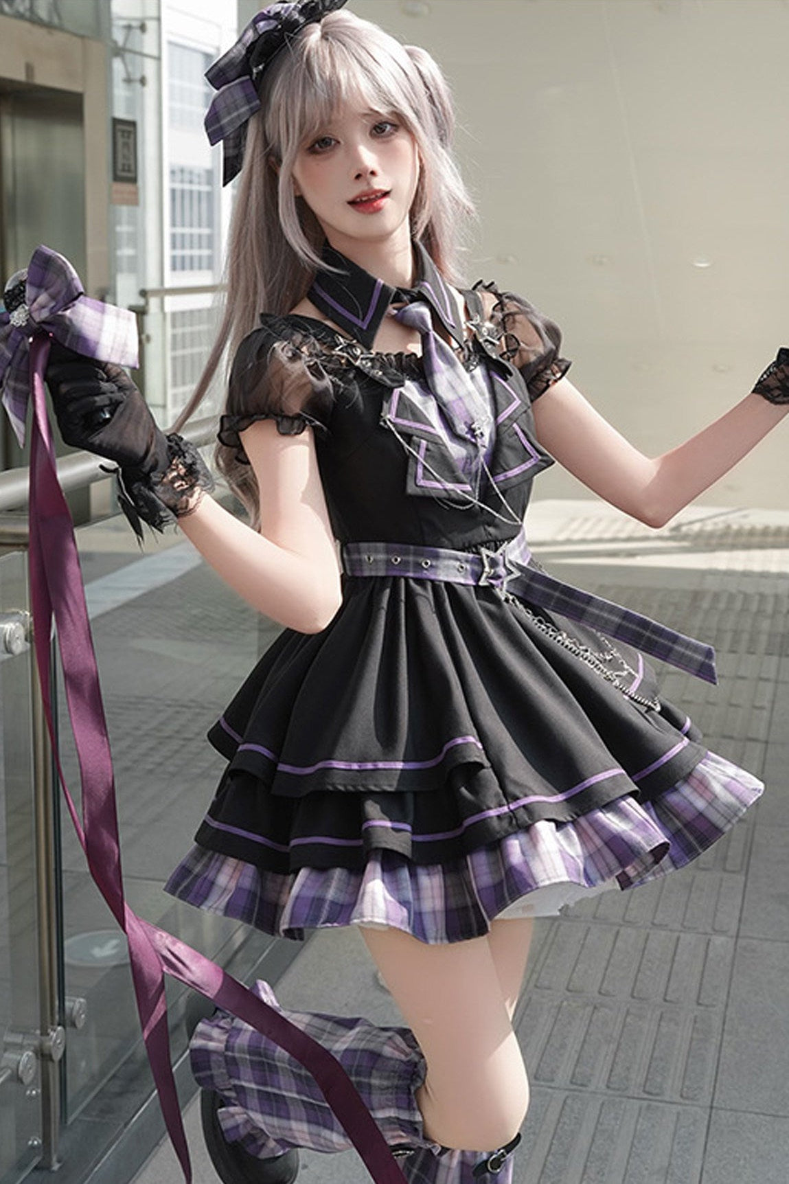 다크 카와이 체크 로리타 원피스 + 레그 워머