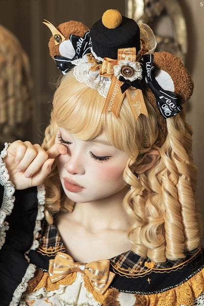 【9月8日予約締切】Vintage Teddy Bear Classic Lolita Series Accessories（Black Hat With Ribbon Train / Mini Hat &amp; Bear Ear KC With Ribbon Decoration / Bear Ear Bonnet / Brown Bear Brooch / Bear Embroidered Brooch）