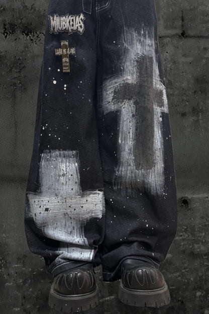 インクスプラッシュドグラフィティデニムパンツ+ベルト