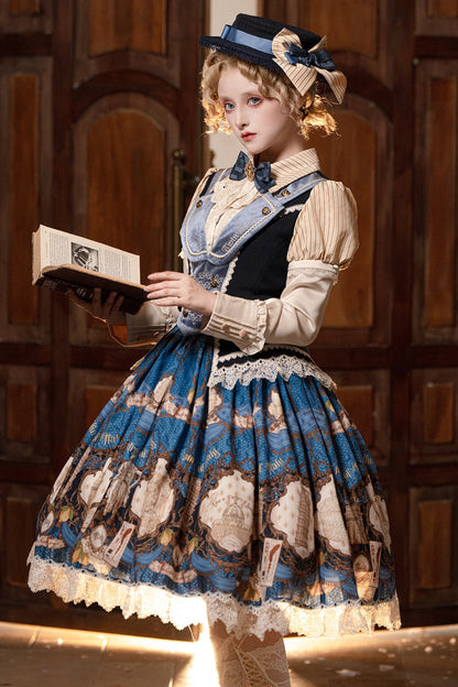 [Reservation Deadline: November 6] Navy Blue/Brown Classic Italian Travel Diary Lolita Stripe Puff Sleeve Bow Lace Vintage Print One-Piece Dress