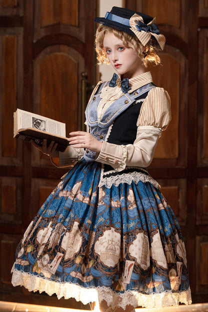 [Reservation Deadline: November 6] Beige Striped Short-Sleeve Lolita Shirt with Beautiful Embroidery and a Layered Lace Collar + Pair of Detachable Long Sleeves + Long-Sleeve Shirt (with Detachable Embroidered Collar)