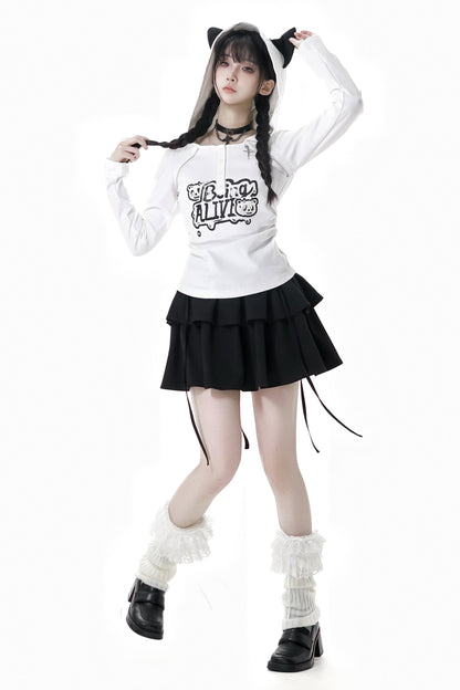 猫耳フードトップス+ルーズニットセーター+カーゴパンツ+ストラップスカート