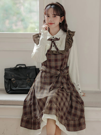 French Hepburn Style Retro Brown Ruffle Suspender Skirt