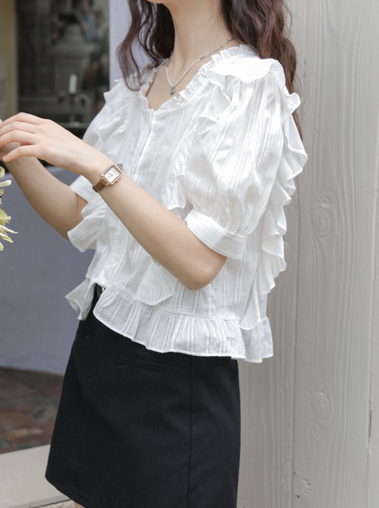 Retro Frill Square Air Color Short Tops