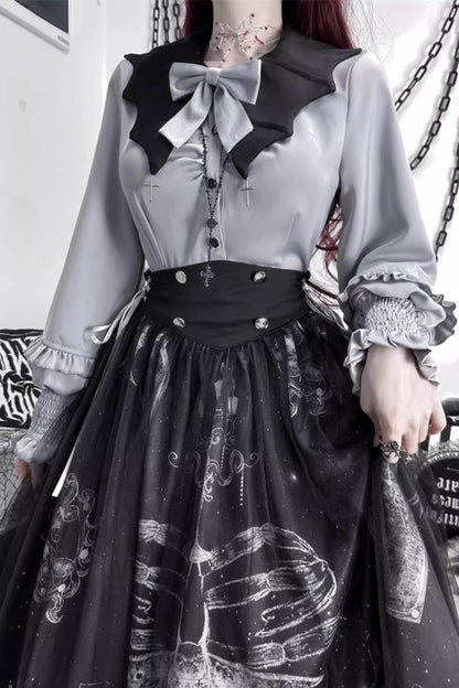 Cross motif bucket color ribbon blouse + side lace -up skirt