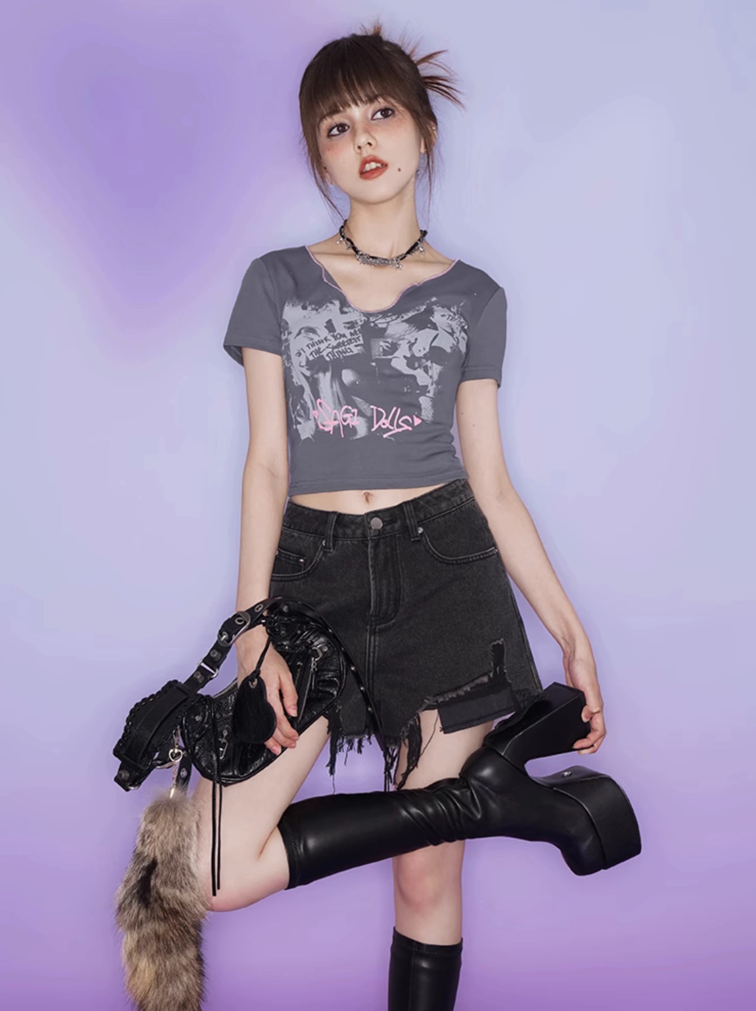 Y2KクールグレープリントショートTシャツ – Belchic