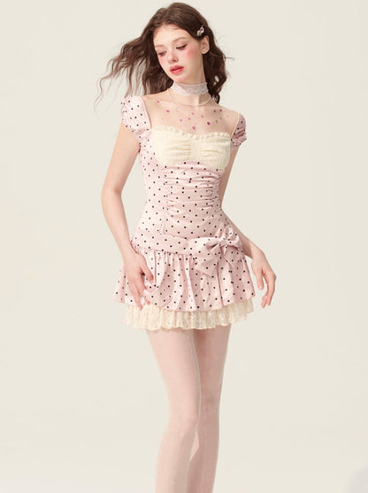 [5 月 31 日 20 时发售] 少眼粉色雾状捏花白色粉色连衣裙女式夏季短裙圆点图案