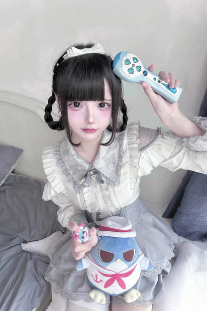 【11月15日予約締切】Light Blue Lace Collar Frill Shirt + Pearl Bow Layered Lace Skirt + Rhinestone Ribbon Tie
