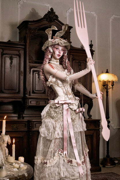 French Elegant Lolita Long Skirt + Hip Cushion Brace Skirt + Big Bow