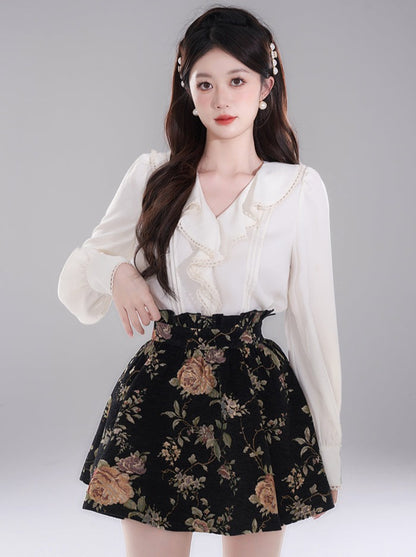 French Style Ruffle Collar Shirt + Retro Flared Skirt