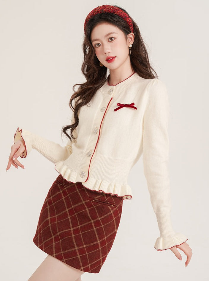 Short Ruffle Red White Knit Cardigan