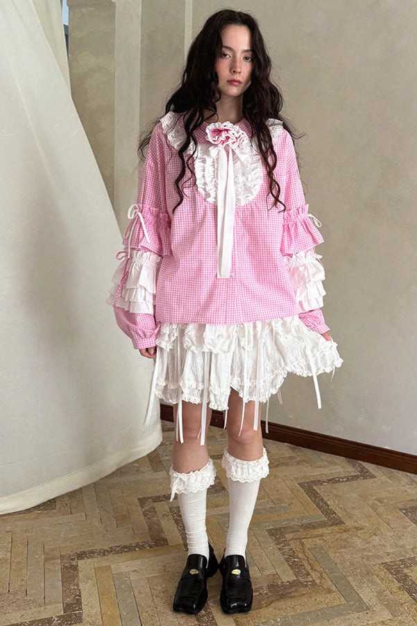 Camisa de patchwork con cuadrícula rosa muñeca