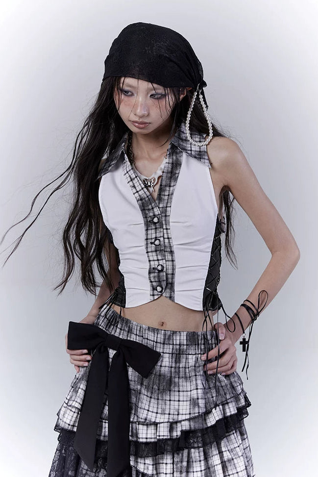 Y2Kダークパッチワークベストトップス