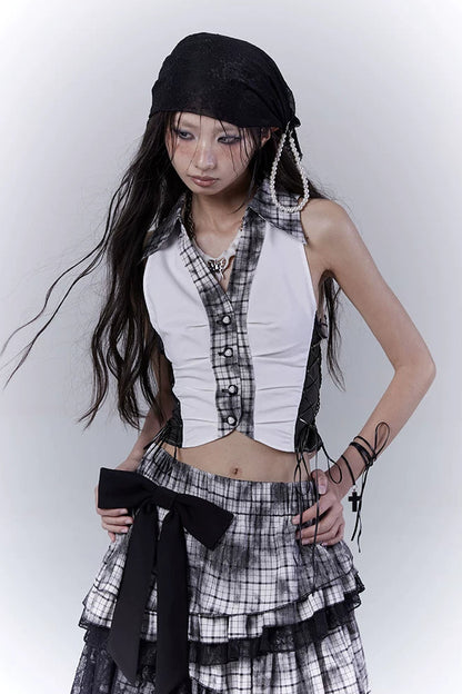 Y2Kダークパッチワークベストトップス