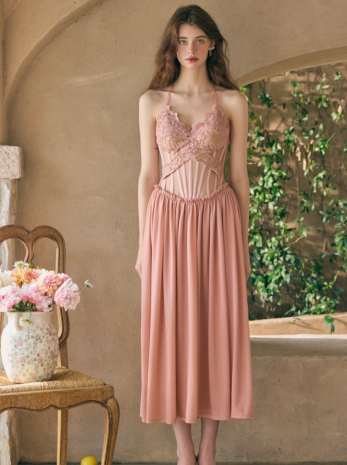 Pink Lace Halter Neck Long Dress