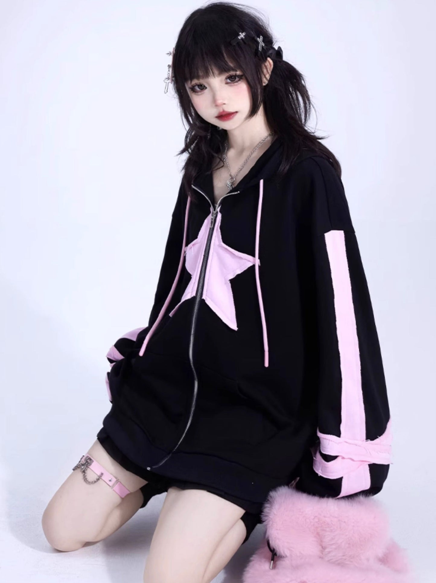 Pink Black Oversized Cardigan Hoodie Jacket