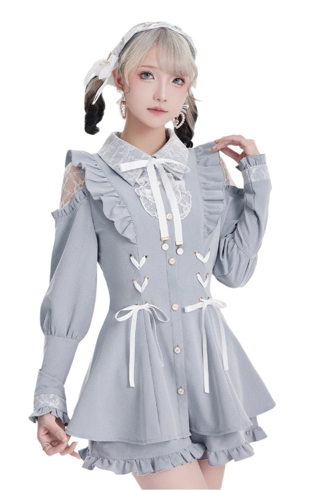 [Reserved product] Race Shear Shoulder Frill Ribbon Design Suit