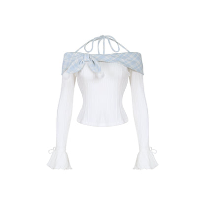 ベアダウンジャケット+ニットトップス+チェックパンツ