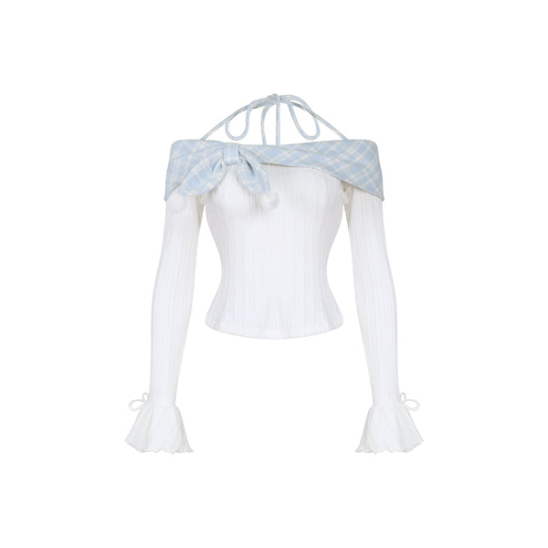 ベアダウンジャケット+ニットトップス+チェックパンツ