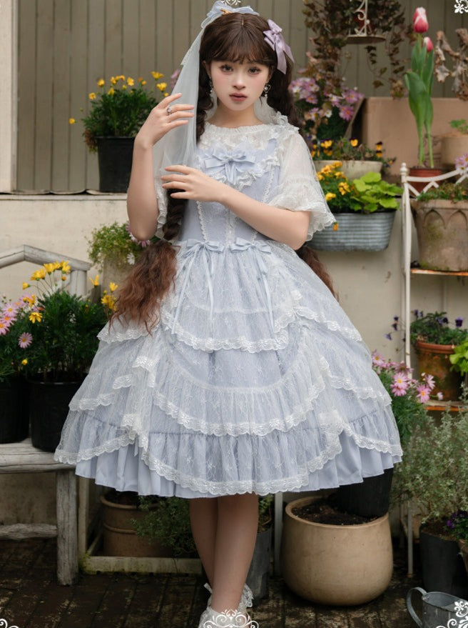 Summer Girly Chiffon Top + Blue Lolita Suspender Skirt