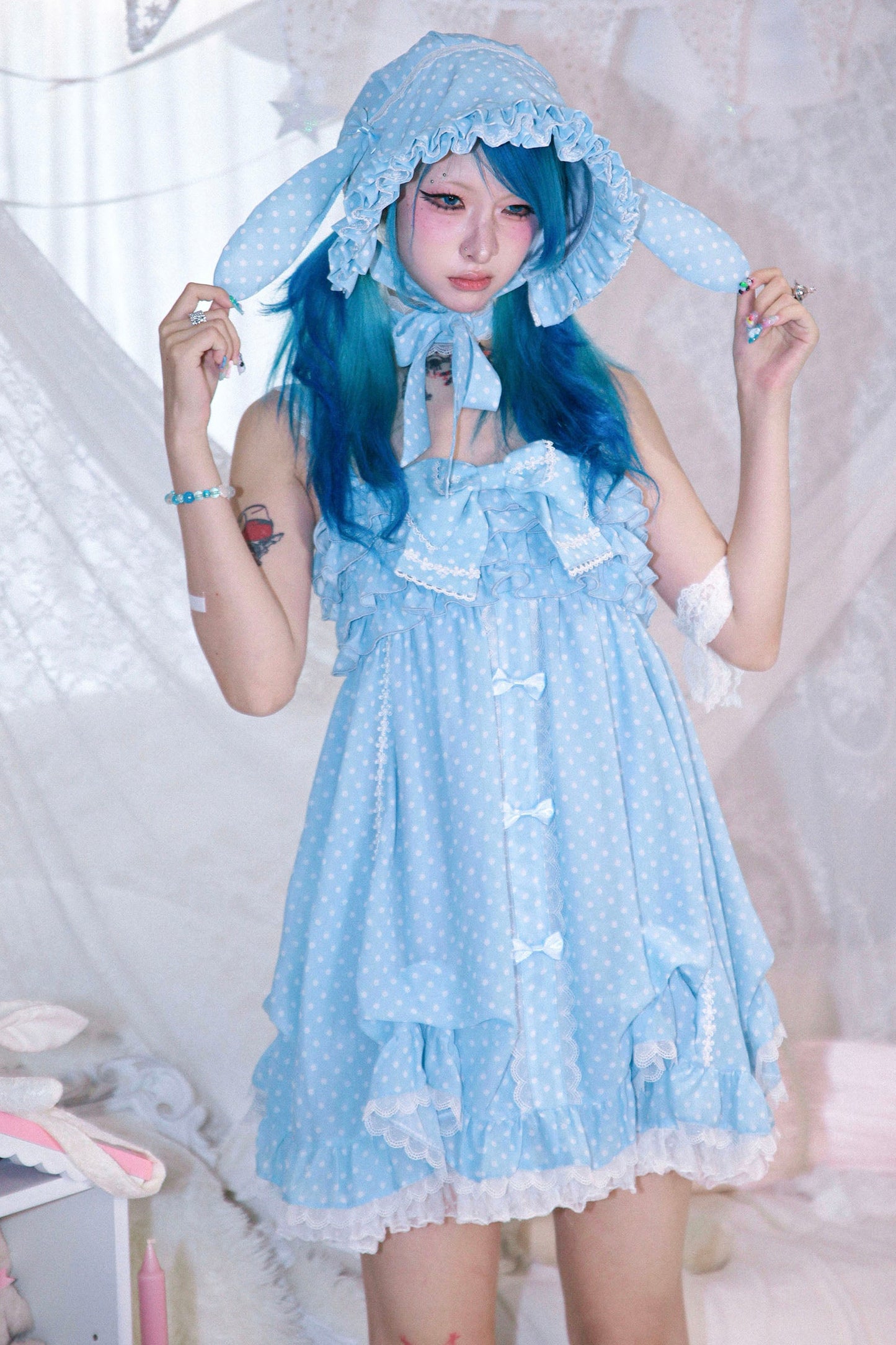 Dot design rabbit ear bonnet