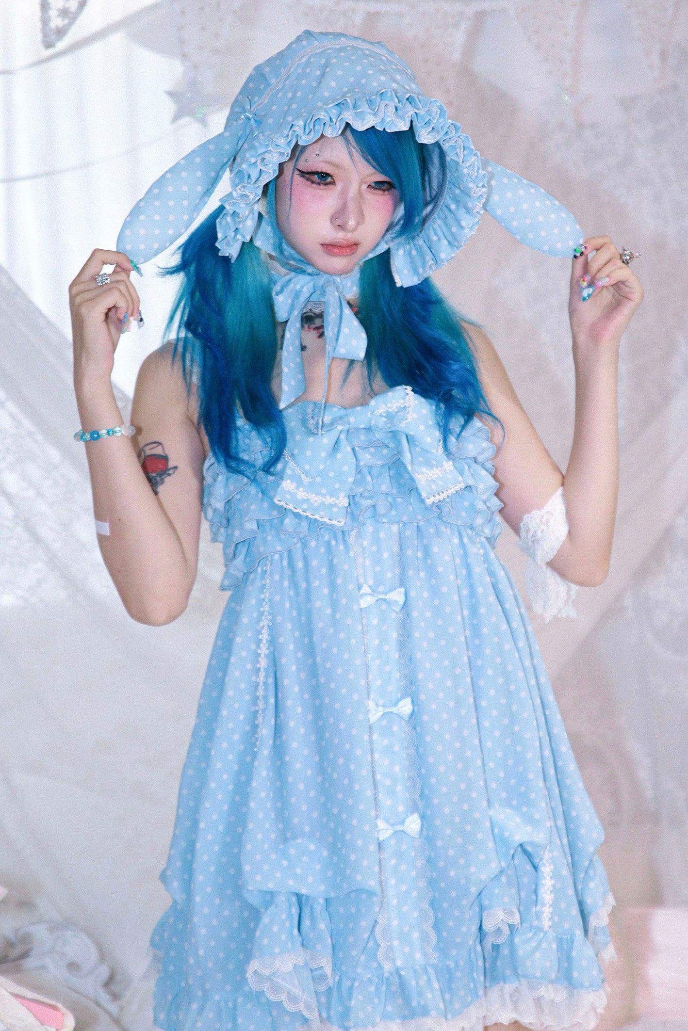 うさ耳ボンネット y2k マフラー ロリータ ドットデザインうさ耳ボンネット – Belchic