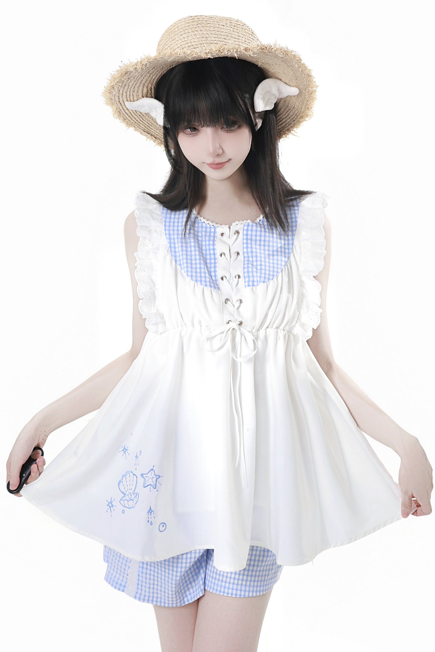 シェルパズルノースリーブトップス＋チェックショートパンツ＋バルーンドレス