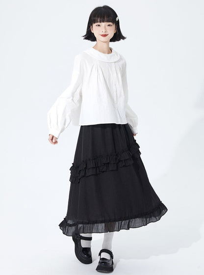 High-waist loose mid-length ruffle skirt