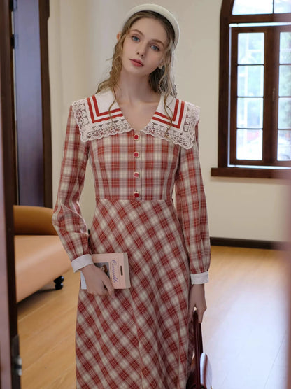 Retro French Check Sailor Collar Dress