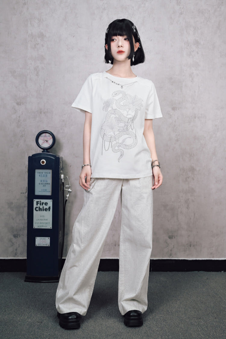 チャイナデザインチェーンホワイトプリントTシャツ