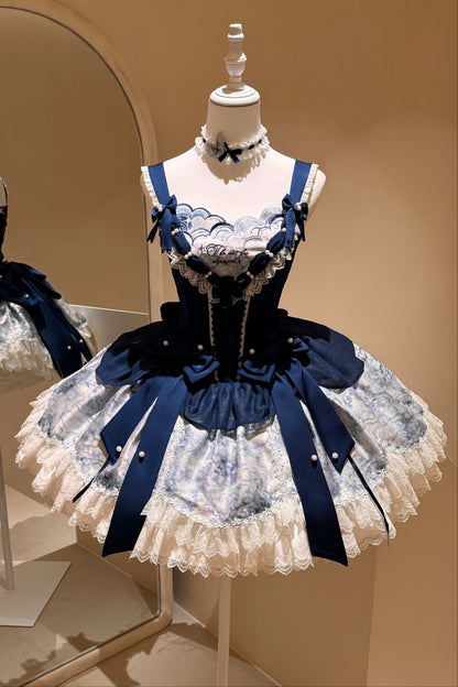 【5月6日予約締切】ダークブルームーンライトシーエレガントレースリボンレイヤードドレス＋アクセサリー