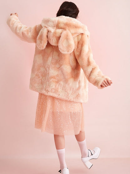 Sugar Cream Orange Rabbit Faux Fur Coat