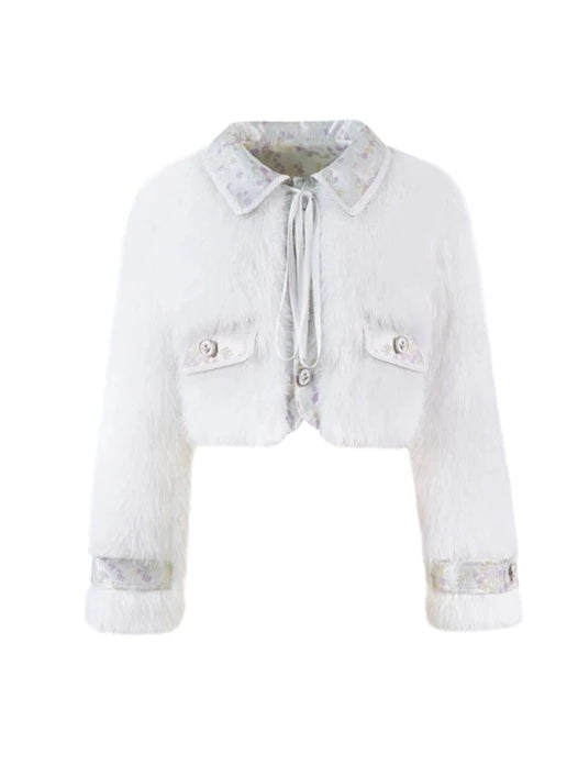 White Fur Retro Flower Duck Jacket