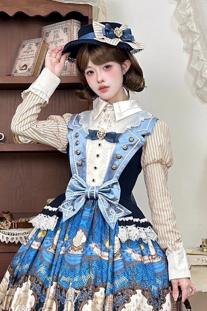 [Reservation Deadline: November 6] Beige Striped Short-Sleeve Lolita Shirt with Beautiful Embroidery and a Layered Lace Collar + Pair of Detachable Long Sleeves + Long-Sleeve Shirt (with Detachable Embroidered Collar)