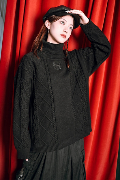 Golden Crow Black Turtleneck Top