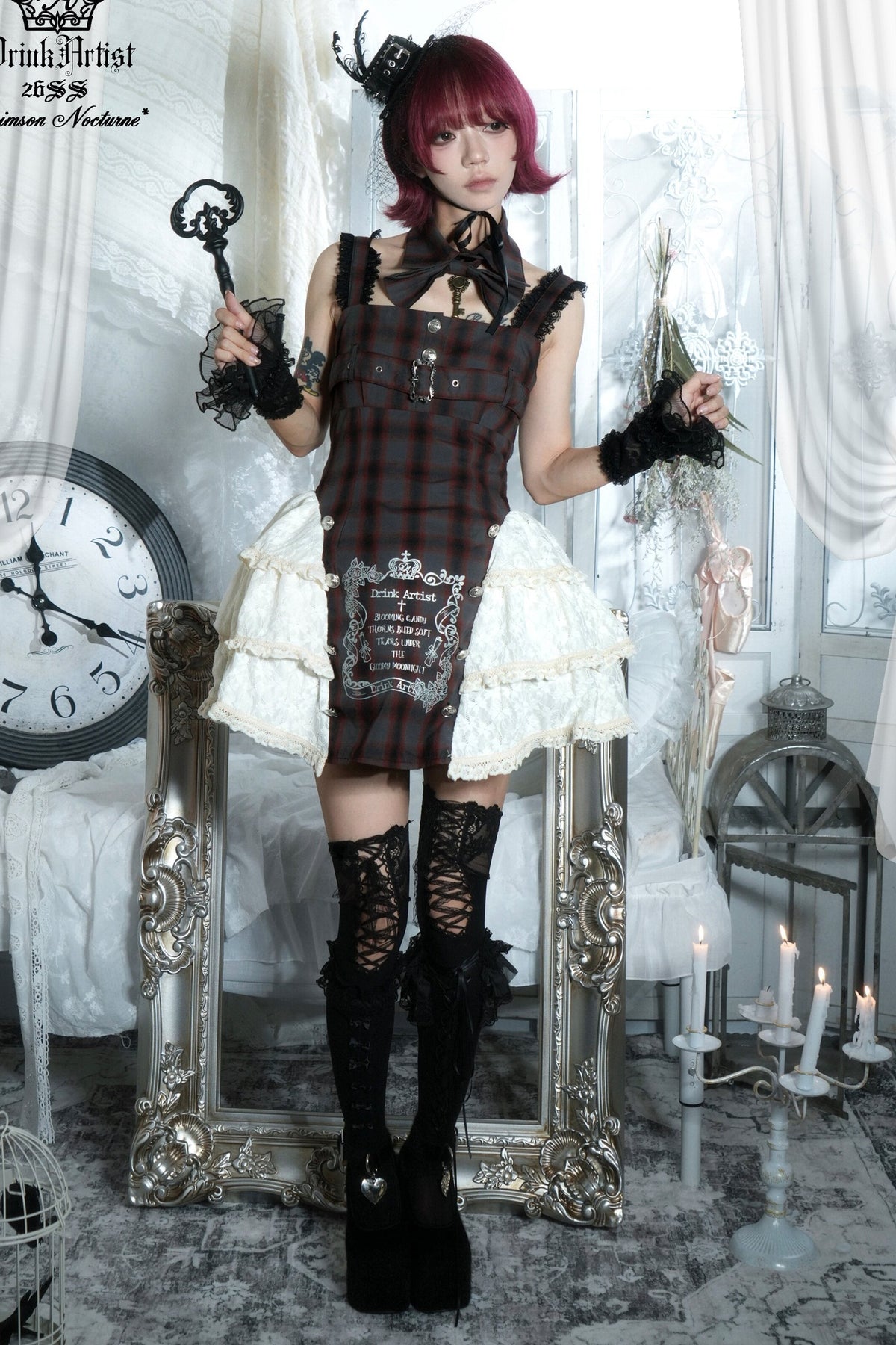 Gray Plaid Printed Lace-Up Dress