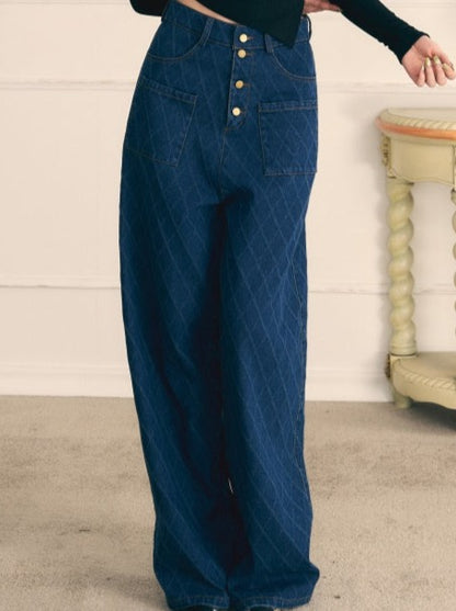 Retro Diamond Pattern Wide Leg Jeans