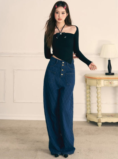 Retro Diamond Pattern Wide Leg Jeans