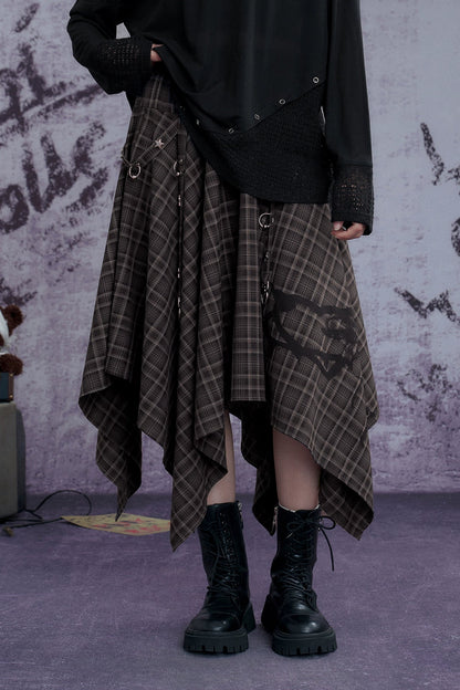 SagiDolls girl fighting spirit handsome and versatile street brown plaid print metal buckle irregular long skirt covering calves