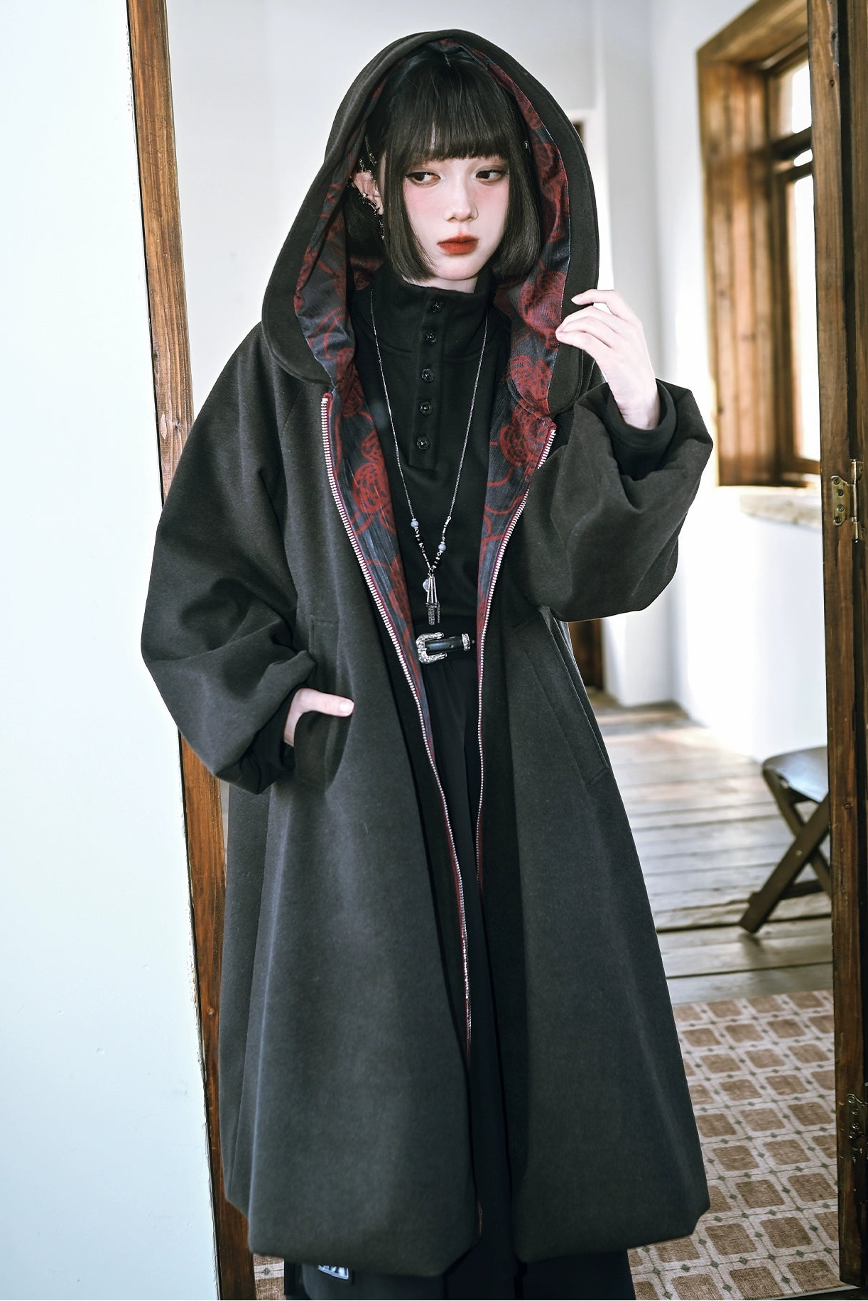 フローラルツイードフーデッドコート