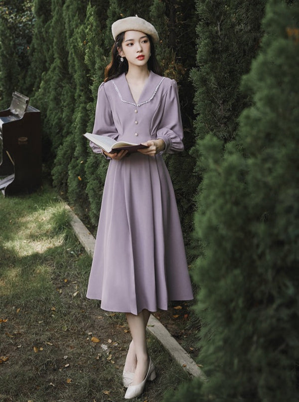 フレンチスタイルレトロミッドレングワンピース