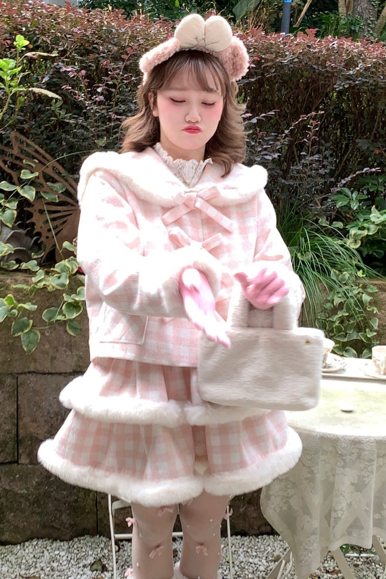 Peach Check Sweet Bow Coat + Check Tight Skirt + Fur Check Skirt