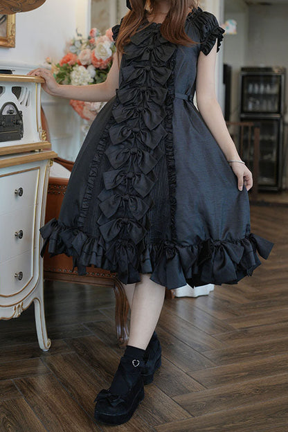 [November 15 Reservation Deadline] Black Gothic Doll-Style Front-And-Back Two-Way Ruffle Ribbon Lolita Dress (Short/Long) + Matching Shorts (Short/Long) + BB Hat